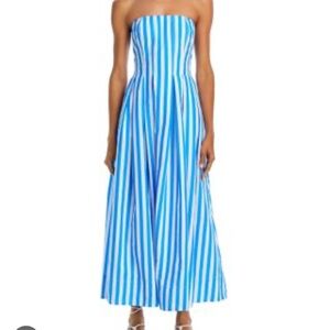 Aqua Blue and White Strapless A-line Maxi Dress